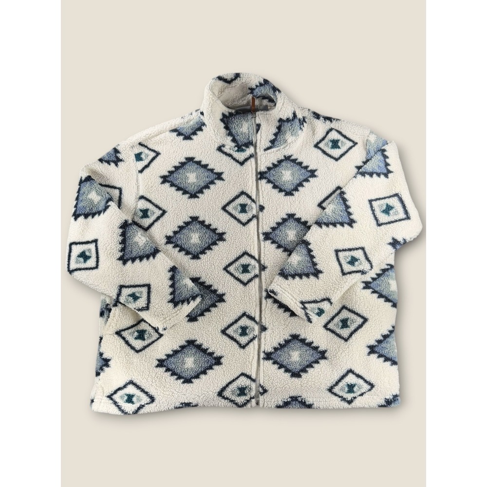 Jason Maxwell Women 2X Sherpa Fleece Jacket Blue Geometric Diamond Full Zip